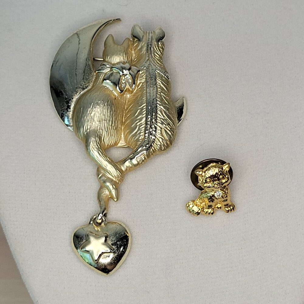 Bundle 2 Vintage Cat Pins: Cattails Heart Crescent Moon Brooch & Kitten w/ Stone